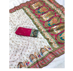 Sari Darbari Blanc Pur Elite Weaves, Imprimé Traditionnel, en Soie Viscose, Vêtements Indiens et Pakistanais, 750g - Product Image 3