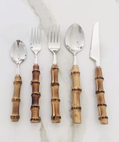 Ensemble de cuillères en acier inoxydable et bambou plaqué or Vaisselle rustique pour retour au School-5pcs