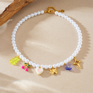 Cute Cartoon Pearl Necklace With Gold Plated Cherry Butterfly Pendant Everyday Wear Jewelry - Product Image 3