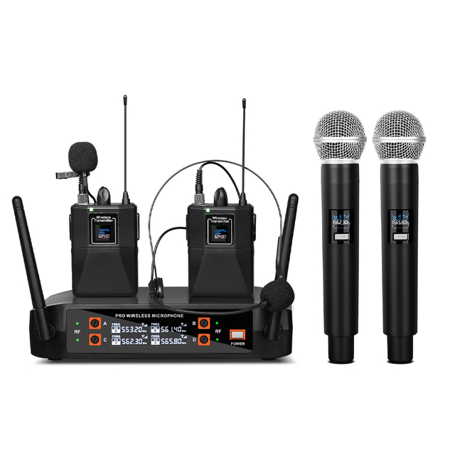 DX4 High Quality 4 Channel Lavalier Lapel Handheld  Microphone Professional Wireless Microphone System