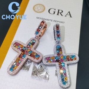 Top Quality 925 Sterling <b>Silver</b> Colorful Moissanite Cross Pendant t Hip Hop <b>Charm</b> for Men Women Pass Diamond Tester with GRA - Product Image 2