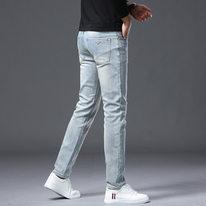 Jean Homme Bleu sur Mesure Très Élastique Délavé aux Pierres Bouton Rivet Coupe Droite Respirant en Denim Taille Moyenne pour Automne Slim Décontracté Professionnel - Product Image 4