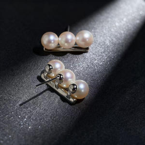WENCHI 11018 DIY <b>Pearl</b> Accessories S925 <b>Silver</b> Earnail Empty Stand Gold/<b>Silver</b> Three <b>Pearl</b> <b>Earrings</b> with 6-7mm Round Beads - Product Image 1