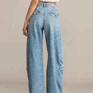 Nuevo Diseño, Logotipo Personalizado, Jeans de Cintura Alta para Mujer, Pierna Ancha, Dobladillo Reforzado, Azul Claro, Pantalones Vaqueros Holgados - Product Image 3