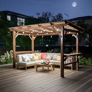 Pérgola Moderna de Madera de 13' x 6.5' con Techo Metálico, Luces LED, Barra de Bar, Pabellón para Barbacoa al Aire Libre, Muebles de Patio - Product Image 1