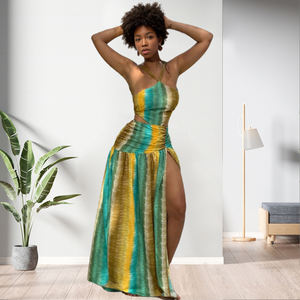 Robe longue africaine sexy à contraste de couleurs, dos nu, à volants et fente, pour femme, tendance - Product Image 3