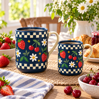 Tasse à café en céramique effet peint à la main, motif marguerite et fruits, imprimé fraise et cerise, tasse à café en porcelaine botanique colorée, vente en gros