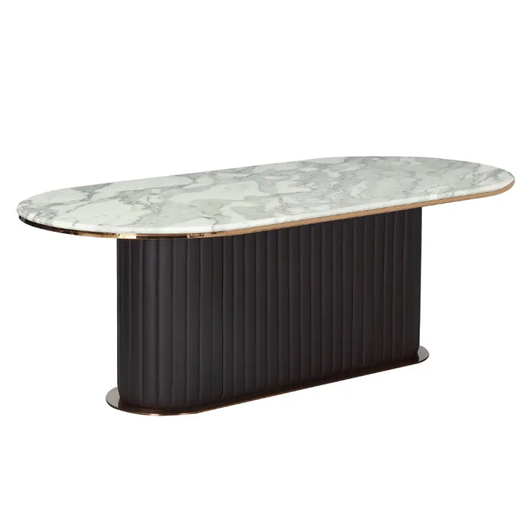 Bens — Table à manger en acier inoxydable avec plan en marbre, Design moderne et simpliste, forme ovale