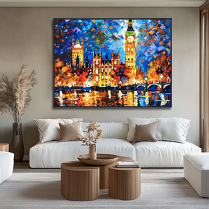 Decorazione per la Casa, Dipinto a Olio Originale Fatto a Mano con Spatola, Paesaggio Urbano di Londra Big Ben, Opera d'Arte Impressionista su Tela - Product Image 3