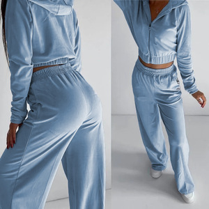 Conjunto de chándal de terciopelo para mujer al por mayor, sudadera corta con cremallera y <span class=keywords><strong>pantalones</strong></span> de pierna ancha, ropa de estar por casa para otoño/invierno, en stock - Product Image 6