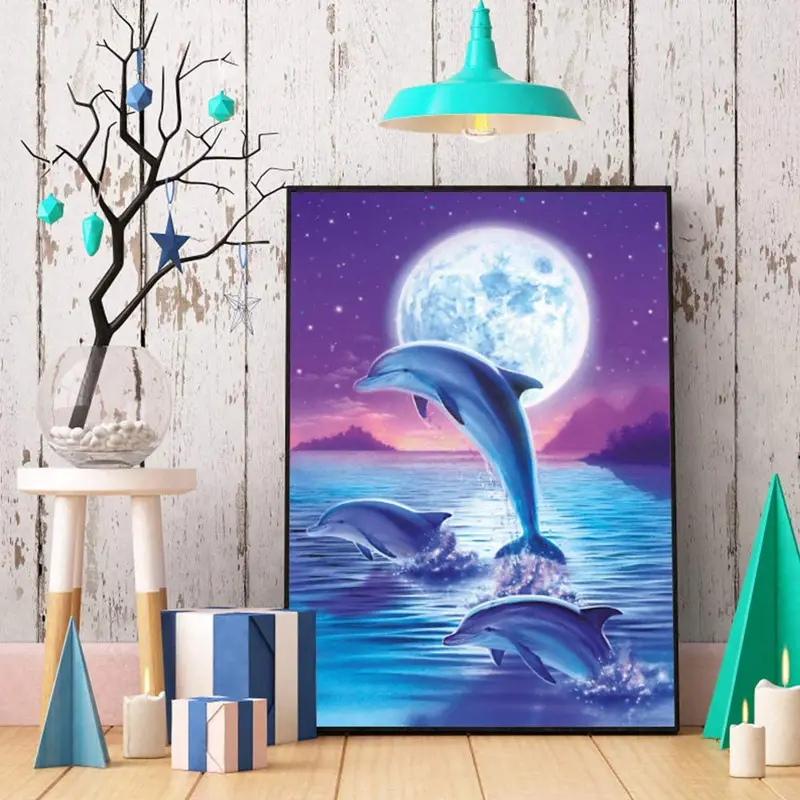 30*40cm 5D Diamond Painting DIY Round Full Diamond Living Room Bedroom Cute Dolphin Diamond Masonry Hanging Painting