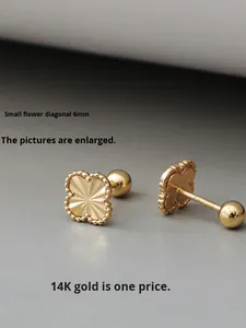 Pendientes <span class=keywords><strong>de</strong></span> <span class=keywords><strong>Oro</strong></span> <span class=keywords><strong>Puro</strong></span> Coreano <span class=keywords><strong>de</strong></span> 14K <span class=keywords><strong>para</strong></span> <span class=keywords><strong>Mujer</strong></span>, Diseño <span class=keywords><strong>de</strong></span> Flor <span class=keywords><strong>de</strong></span> Cuatro Pétalos Facetada con Láser, Pequeños, con Cierre <span class=keywords><strong>de</strong></span> Rosca, Joyería Femenina - Product Image 5