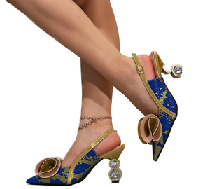 Women's Blue Bow Pointed Toe High Heel Outdoor Summer High Top Open Back <b>Sandals</b> for Party & Daily Use - Product Image 1