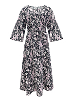 Robe tissée à imprimé intégral pour femmes, col rond, manches 3/4, coupe trapèze avec ceinture, jupe décontractée pour rendez-vous, vacances, noir et rose en stock