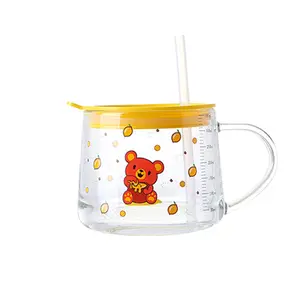 Cute Cartoon Style Glass Coffee Cup With Graduated Line Creative Printed Tea Milk Cup Household Office Glass Coffee Mug