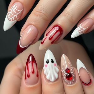 Faux ongles écologiques à presser pour Halloween, motifs goutte de sang, fantôme, toile d'araignée, style français, tendance et élégant, pour salon, DIY et fête - Product Image 1