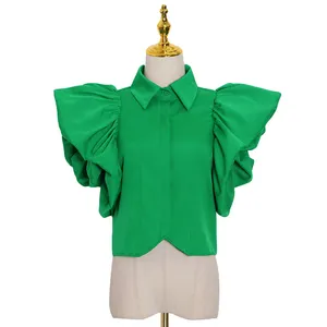 TWOTWINSTYLE Vintage Ruffles Women Blouse Lapel Collar Butterfly Short Sleeve Looseファッション