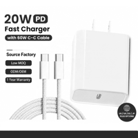 Cargador Rápido HNT ODM/OEM de 20W PD con Cable Trenzado de Nailon de 60W C-C, Adaptador de Corriente con Puerto Tipo C, Carga Rápida para iPhone 16