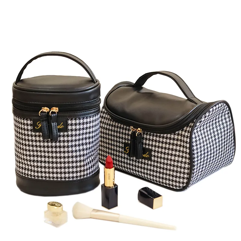 Hot fashion wash hand bag makeup organizer portable lady designer handbag luxury houndstooth pattern cylinder cosmetic case bags