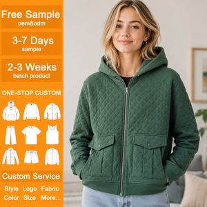 Chaqueta con capucha acolchada verde oscuro para mujer OEM, con cremallera, diseño de diamantes personalizado, estilo casual, tipo sudadera. - Product Image 1