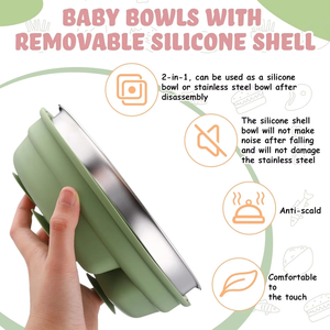 Assiette pour bébé en acier inoxydable de qualité alimentaire avec couvercle en silicone amovible, sangle antidérapante et ventouses pour l'alimentation du bébé - Product Image 2