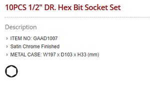 Juego de Llaves de Vaso Hexagonales de 9 Piezas de 1/2\" con Acabado Cromado Satinado TOPTUL GAAD1007 - Product Image 3