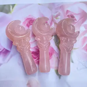 Wholesale Price Natural Rose Quartz Carved 8cm Crystal Stones Sailor Moon Magic Wand Carving Craft Ornament For Home Decor