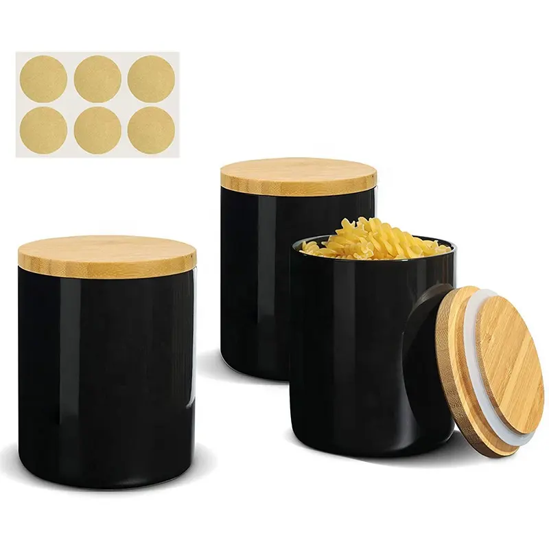 Ceramic Food Storage Canisters with Airtight Bamboo Lid (17oz/500ml) Set of 3, Black Food Storage Jar Containers