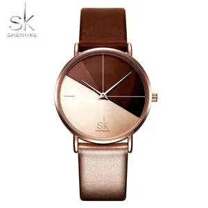 SK原创金色设计女式手表创意女式网眼皮革品牌石英手表SK女士时钟蒙特女性化