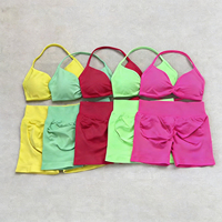 Conjunto de Yoga sin Costuras de Venta Caliente, Ligero, de Compresión, de Color Sólido, de Secado Rápido, con Sujetador Deportivo y Pantalones Cortos Elásticos para Fitness