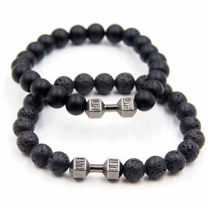 Pulsera de Piedra Volcánica Natural para Hombre, Cuentas Blancas Mate de Lava Negra, Dije de Mancuerna, Pulseras de Hilo para Mujer, Joyería de Fitness con Barra - Product Image 4