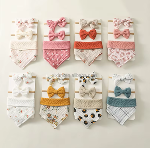 100% Baumwolle Neugeborenen Muster Weiche Musselin Bandana Fütterung Lätzchen Mit 2 Stück Haarschmuck Set - Product Image 6