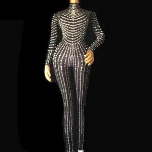 Mono Mujer siyah çıplak inci bayanlar tulum dansçı tek parça Bodysuit parti gece kulübü Leotard Rhinestone tulumlar kadınlar için