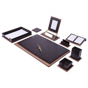 Ensemble de bureau de luxe 11 pièces en cuir et bois avec plateau à documents unique, accessoires de bureau, organiseur de bureau, tapis de bureau - Product Image 1