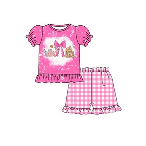 GSSO3702 Ensemble d'été personnalisé pour petite fille, imprimé château et nœuds roses, vêtements pour enfant à manches courtes - Product Image 1