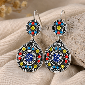 Orecchini vintage multicolori dipinti a mano blu-verdi, gioielli etnici da donna alla moda - Product Image 3