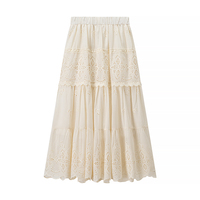 Ensemble 2 pièces pour femmes, haut à manches longues à col rabattu beige, boutonné, jupe à taille élastique avec broderie à œillets, style décontracté et tendance