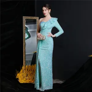 Wholesale Glitter Trumpet One Shoulder High Slit Sexy Bodice Sequined Lace Evening Dress