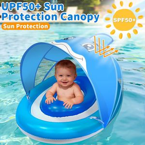 Flotteur de piscine pour bébé en forme de dauphin bleu avec auvent solaire réglable UPF50+ et deux chambres à air - Product Image 3