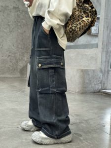 Pantalones cargo de mezclilla holgados para niños con múltiples bolsillos-Cintura elástica informal, azul oscuro, actividades y estilo diario, perfecto - Product Image 4