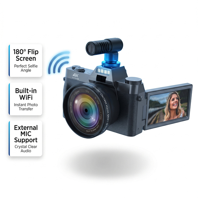 4K Digital Camera for Photography 48MP Vlog Camera with Flip Screen WiFi External MIC 16X Zoom Compact Camera for Beginners