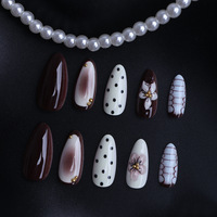 Faux ongles en amande à la française, design minimaliste avec pois et fleurs 3D, 24 pièces, couverture complète, amovibles et réutilisables