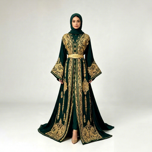 Abaya longue pour femme, col en V, manches longues, broderie cachemire vert, style Moyen-Orient, coupe ample, anti-boulochage, pour mariage - Product Image 1