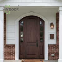 Puerta Principal Sencilla de Madera Sólida con Acabado en Nogal Oscuro, Diseño Anti-Deformación, Arco Tradicional Personalizado y Luces Laterales