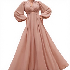 Vestido Formal de Gasa Elegante de Alta Gama para Mujer con Cuello en V, Volantes, Pliegues, Manga Larga Abullonada, Cintura Delgada y Dobladillo Delicado Acampanado - Product Image 2