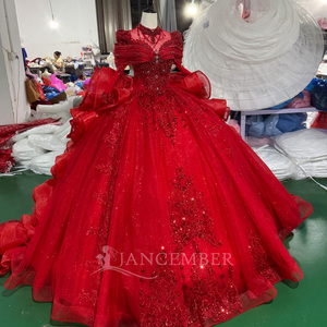 Mc056 Ruby Red Glitter Organza Party Dress Boat Neck Beaded Fringe Shoulder Ruffle Sequin Embroidered <b>Ball</b> <b>Gown</b> <b>Vintage</b> Chapel - Product Image 2