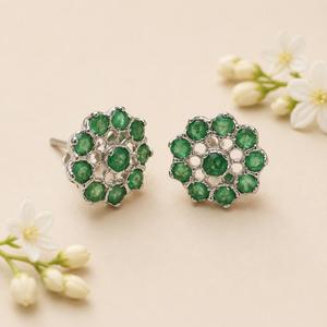 925 Sterling Silver Rhodium Plated <b>Emerald</b> Flower <b>Stud</b> Earrings for women - Product Image 6