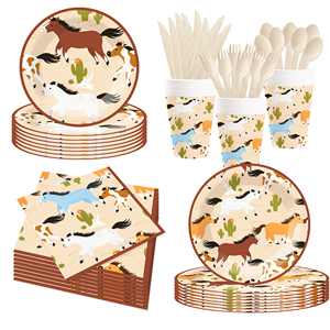 DAMAI Animal Theme Disposable Dessert Dinner <b>Paper</b> Plates Cups Napkin with Horse PatternTableware Set for Party Supplies - Product Image 2