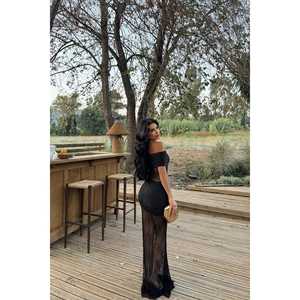 Robe longue de soirée trapèze avec détails en dentelle et sequins, en polyester crocheté, taille empire, col cœur, style vintage, taille XL, noire - Product Image 1