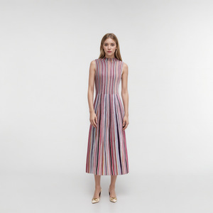 Robe d'été décontractée en tricot rayé pour femme, col rond sans manches côtelée mi-longue, vêtements pour femmes en gros - Product Image 2